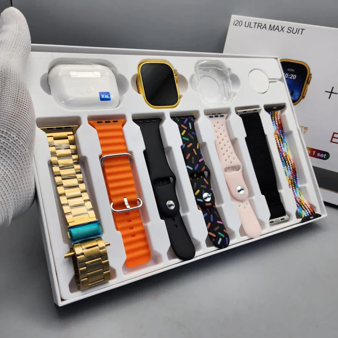 I20 ULTRA MAX SUIT SMART WATCH “7 STRAPS, 1 AIRPODS PRO AND 1 PROTECTIVE CASE”