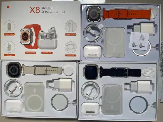 X8 UNIQUE COMBINATION SMART WATCH WITH + AIRPODS PRO + POWER ADAPTER + USB-C TO LIGHTING LINE + MAGNETIC WIRELESS CHARGER + MAGNETIC BATTERY BANK PACK