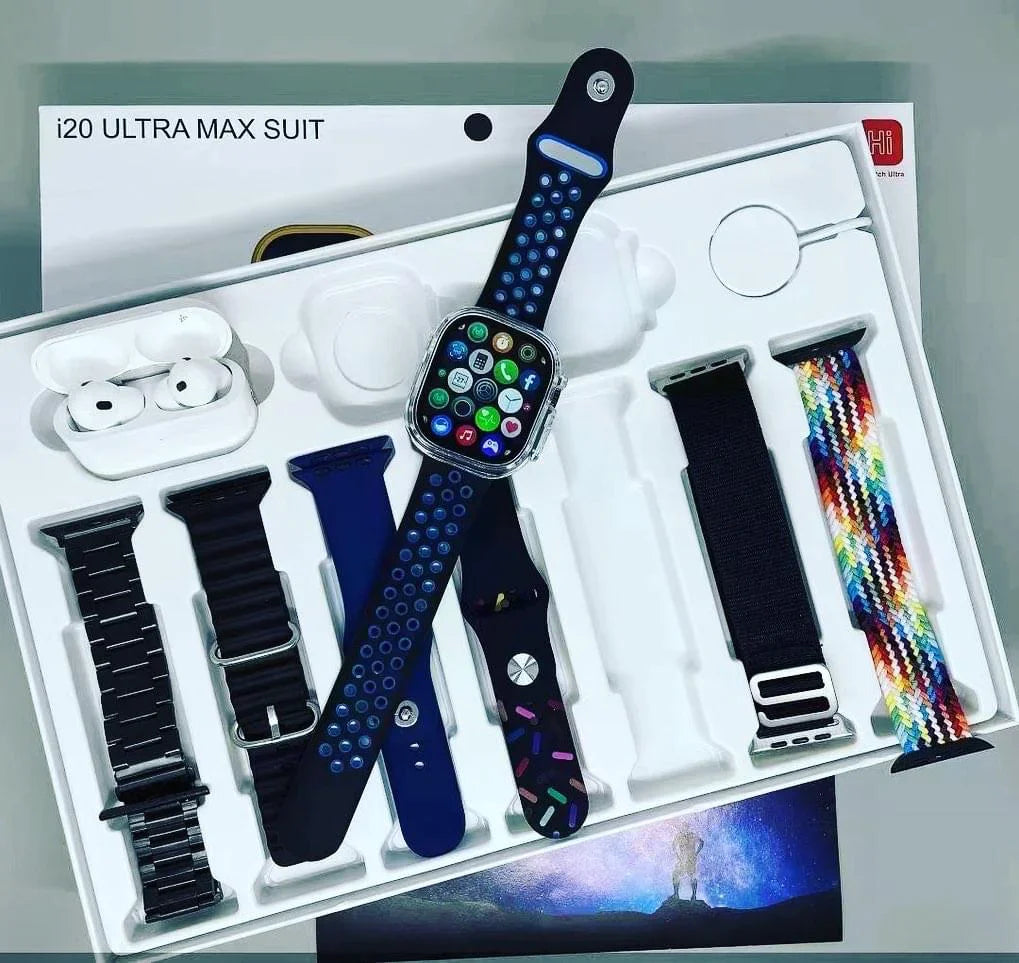 I20 ULTRA MAX SUIT SMART WATCH “7 STRAPS, 1 AIRPODS PRO AND 1 PROTECTIVE CASE”