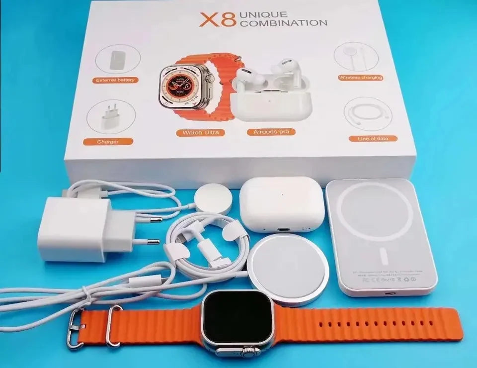 X8 UNIQUE COMBINATION SMART WATCH WITH + AIRPODS PRO + POWER ADAPTER + USB-C TO LIGHTING LINE + MAGNETIC WIRELESS CHARGER + MAGNETIC BATTERY BANK PACK