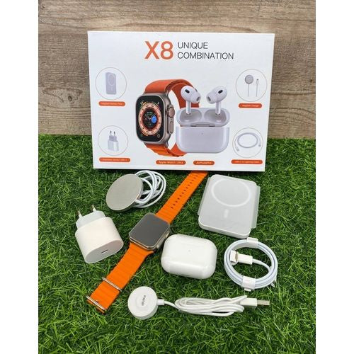 X8 UNIQUE COMBINATION SMART WATCH WITH + AIRPODS PRO + POWER ADAPTER + USB-C TO LIGHTING LINE + MAGNETIC WIRELESS CHARGER + MAGNETIC BATTERY BANK PACK